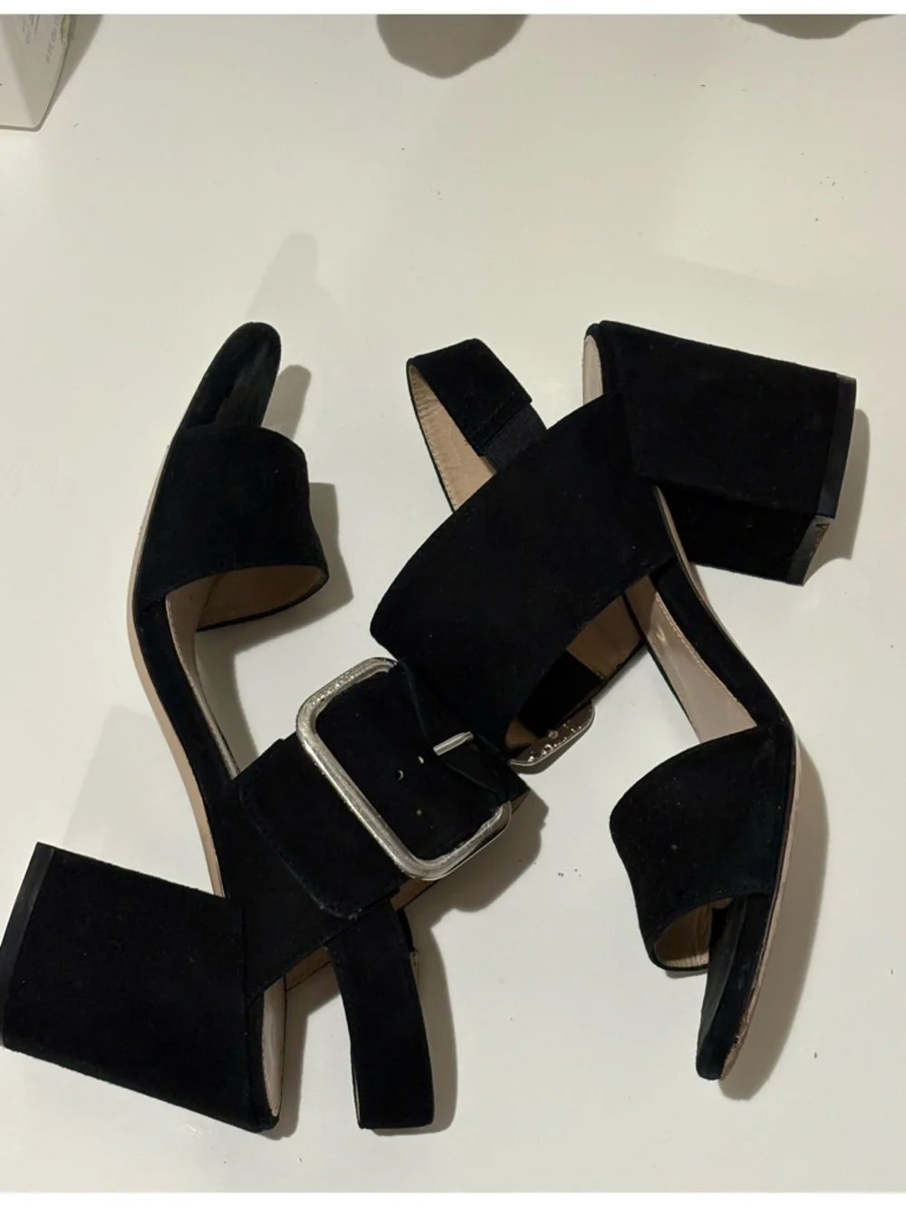 Stuart Weitzman Black Suede Wide-Strap Block Heel Sandals